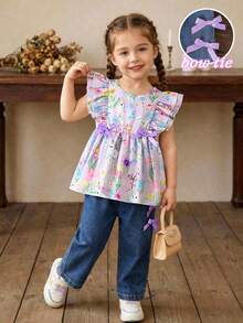 SHEIN Vintaside Kids 女童春夏新款休闲时尚衬衫套装，可爱兔子数码印花图案，正面饰有黄色3D蝴蝶结，无袖荷叶边领衬衫搭配黄色3D蝴蝶结，蓝色休闲牛仔裤，两件套，适合日常、上学、外出、度假等场合穿着，可爱活泼，舒适百搭。女童衬衫，女童夏季套装，女童春季服装，女童套装，儿童女童服装，夏季穿搭。 - 紫色 - 查看 4