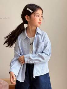 DAZY Oversized Girls Casual Loose Striped Long Sleeve Shirt - Blue - View 7