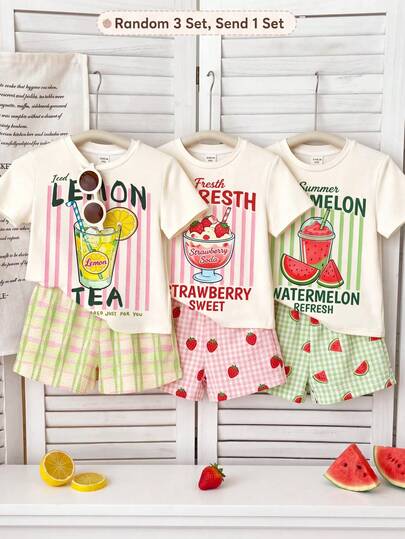 SHEIN Bộ đồ đôi cho bé gái màu trắng kem, in hình nước chanh, cổ tròn, tay ngắn và quần short, thích hợp mặc hàng ngày vào mùa xuân/hè, phong cách đường phố, đi nghỉ mát, đi nông trại, khu nghỉ dưỡng.