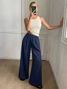 DAZY Bộ 2 món gồm áo tank top không tay ôm sát và quần dài ống đứng rộng rãi dành cho nữ, thích hợp mặc ở nhà vào mùa hè. - trắng - Xem 3