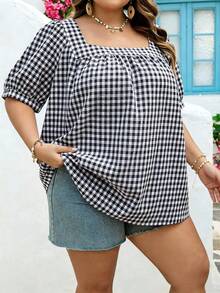 SHEIN CURVE+ Curve 尺码 US22 音乐节、海滨度假、波西米亚风女士休闲方领格纹泡泡袖衬衫 - 黑與白 - 查看 8
