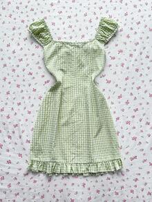Elamini Đầm ngắn ôm dáng mùa hè dành cho nữ, chất liệu cotton, màu xanh lá cây trơn, kẻ caro, tay phồng. - màu xanh lá - Xem 2