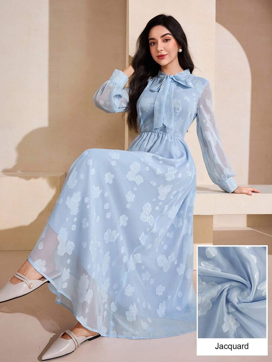 Graceveil Elegante vestido de manga larga acampanada con lazo en el cuello de jacquard, dulce y grácil