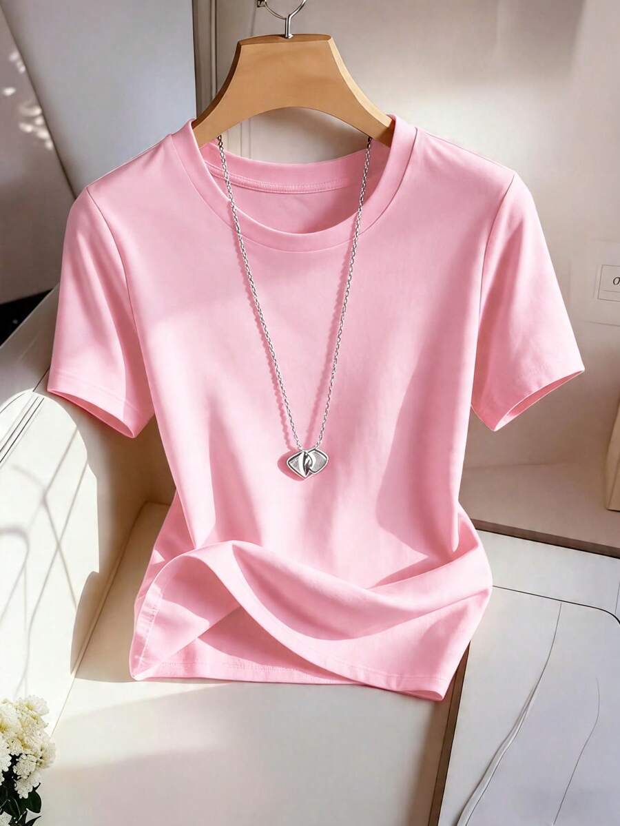 Áo thun nữ tay ngắn cổ tròn màu trơn, kiểu dáng thường ngày, đa năng. - Màu Hồng baby - Xem 1