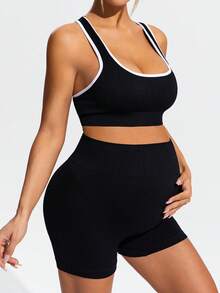 SHEIN 孕妇露脐上衣配腰带和高腰短裤运动套装 - 黑色 - 查看 6