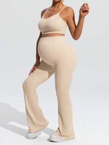 SHEIN Maternity Solid Color Sports Bra And Flare Pants Set,Word Cup - Khaki - View 6
