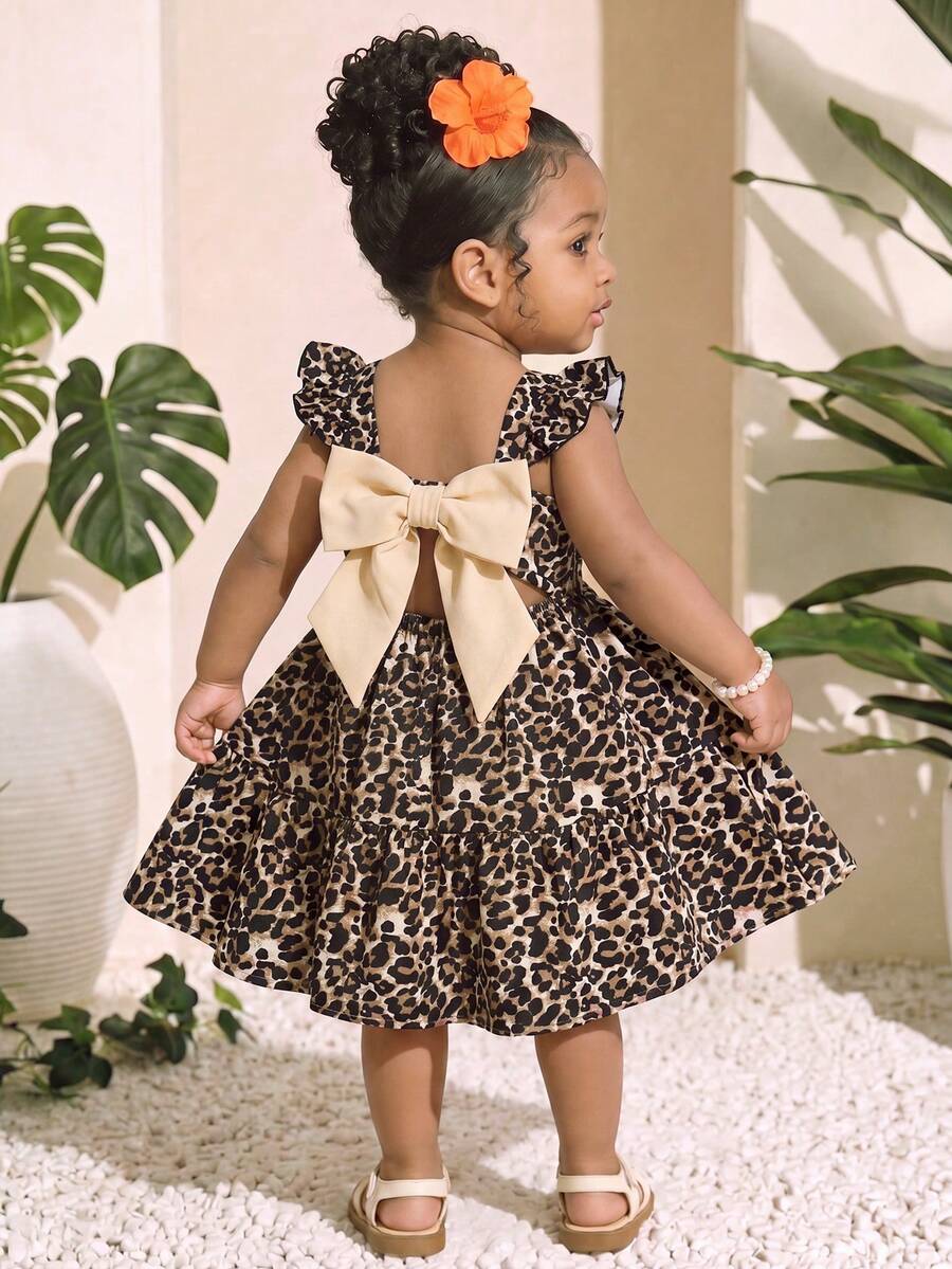 SHEIN Đầm dệt họa tiết da báo cổ vuông viền bèo nhún kiểu dáng thường ngày cho bé gái - Nhiều màu - Xem 1