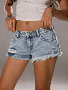 SHEIN TRNDY Fashionable Casual Street Style Distressed Low-Waist Denim Shorts - Light Wash - View 2