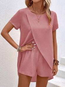 EMERY ROSE Women's Fashion Minimalist Asymmetrical Hem Shirt And Casual Shorts 2 Pieces Set - Dusty Pink - View 3