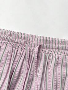 Flirla 女士夏季粉绿纹理竖条纹刺绣休闲低腰直筒裤，适合休闲、办公、休闲度假、学院风等场合穿着。 - 粉色 - 查看 4