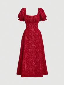 Vestido de longitud media con mangas de pétalo, cintura con lazo y unicolor para mujer - Rojo - Ver 5
