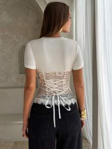 Aloruh Women's Elegant And Knit Contrast Lace Top, Suitable For Commuting, Tea Party, Versatile Outings, Keyhole Chest Design, Waist Cinching,Summer White - White - View 9