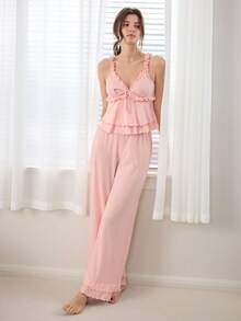 Ocili 波西米亚风休闲荷叶边吊带裤女士睡衣套装 - 粉色 - 查看 5