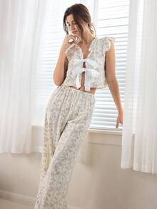 Ocili Floral Print Tie Front Top And Pants Women Pajama Set Holiday Season - Multicolor - View 5