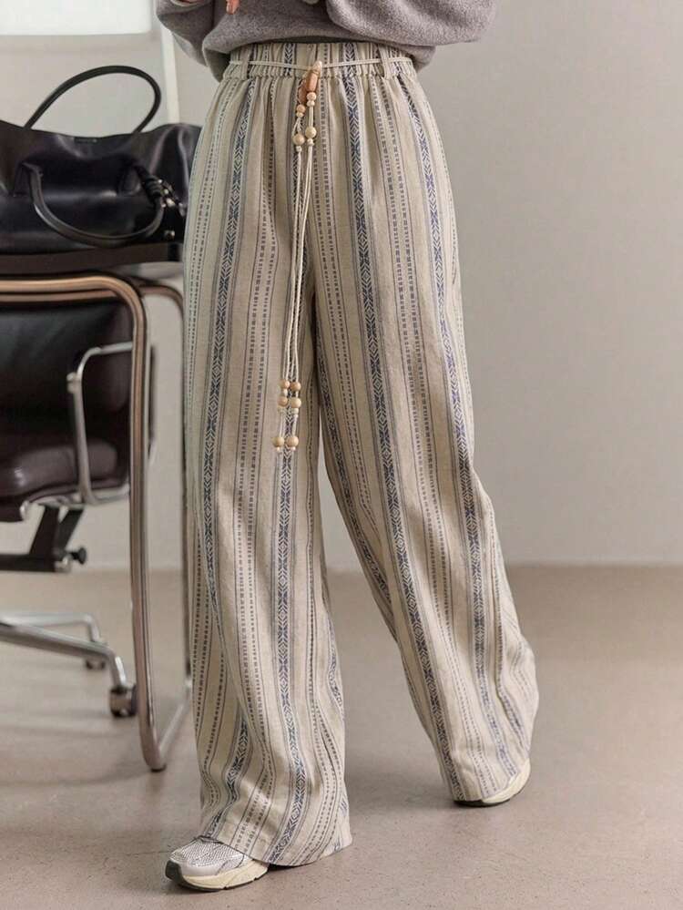 Women's Casual Vacation Beach Striped Tie-Up Loose Long Dress, Suitable For Spring And Summer