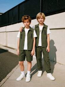 3pcs/Set Boys Casual Letter Print Short Sleeve T-Shirt With Woven Vest And Loose Matching Shorts Set, Simple Fashion Comfortable For Daily Wear School - Army Green - View 1
