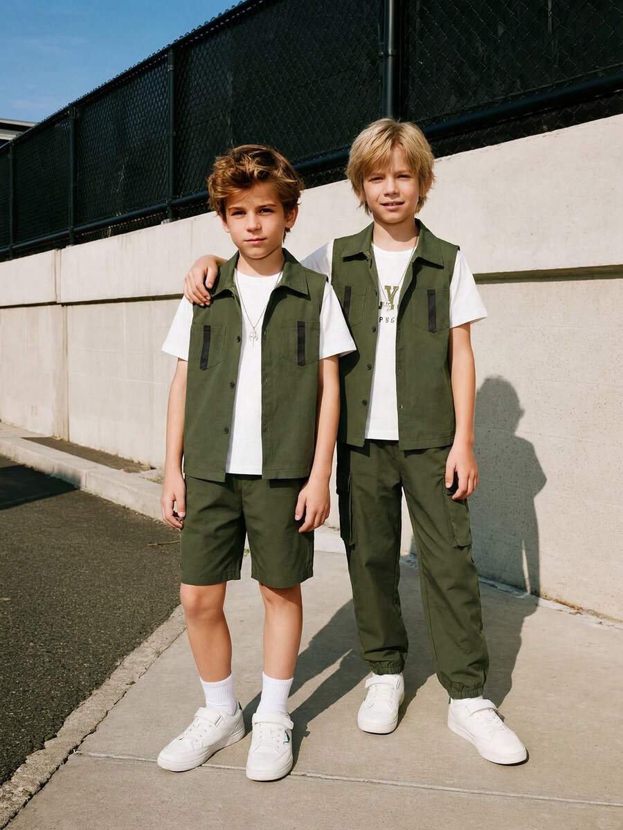 3pcs/Set Boys Casual Letter Print Short Sleeve T-Shirt With Woven Vest And Loose Matching Shorts Set, Simple Fashion Comfortable For Daily Wear School - Army Green - View 1