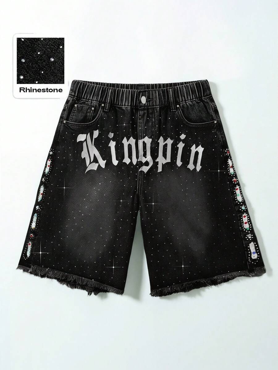 ROMWE MEN Street Life Quần short denim 5 inch in họa tiết cổ điển, đính đá lấp lánh, dành cho thiếu niên nam - màu đen - Xem 1