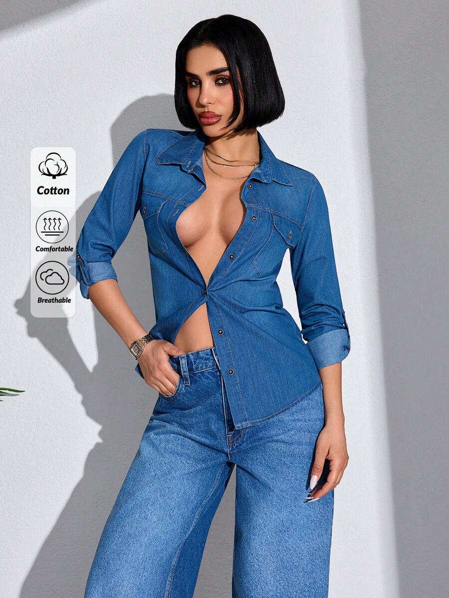 Women's Long Sleeve Single-Breasted Casual Utility Pocket Denim Shirt - Blue - View 1