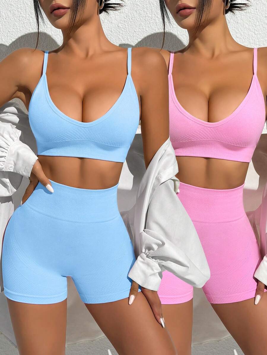 SHEIN Sovereign Charm 4件套无缝瑜伽背心和短裤套装 - 彩色 - 查看 1