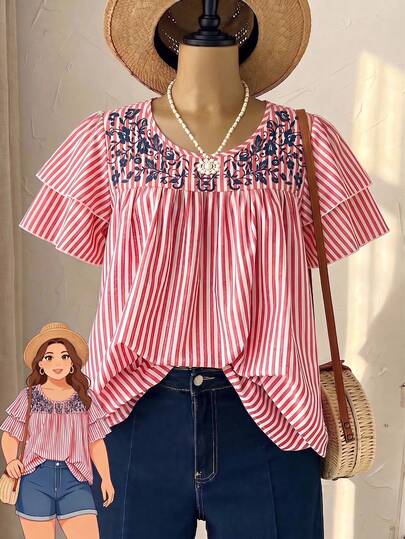 Linhara Bluză de damă pentru mărimi mari, vară, casual, vacanță, primăvară, guler rotund, mânecă scurtă, dungi roșii, imprimeu floral, vacanță de primăvară, vacanță, sărbătoare, ieșiri în oraș, 2026 nou, simplu și la modă pentru ținute de zi cu zi, top casual boho de vacanță, top smock, bluză cu dungi, top boho chic, potrivit pentru vară, vacanță, naveta, ținute zilnice, topuri pentru ieșiri în oraș