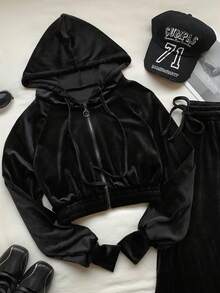 SHEIN EZwear Conjunto de 2 peças Feminino, Moletom Cropped Casual de Cor Sólida e Calça, Outono - Preto - Visão 3