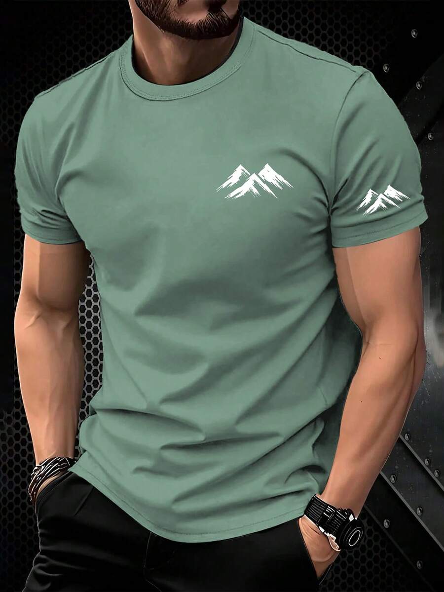 NEOREFINED Camiseta de manga corta con cuello redondo y estampado de montañas en verde para hombre, de verano - Verde - Ver 1