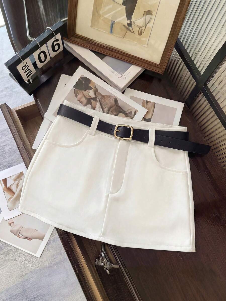 Rafferiza 2026 Summer Professional Low-Waist Twill White Mini Skirt With Belt