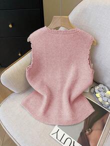SHEIN Franclia Áo dệt kim cổ chữ V không tay dáng rộng màu mơ, viền ren, thích hợp cho nữ, mùa xuân/hè. - Hồng - Xem 2