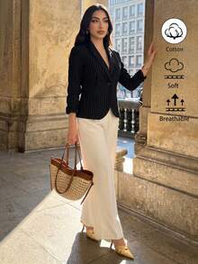 Elenzga Áo blazer nữ tay lỡ 3/4 cổ bẻ, eo thắt, chất liệu cotton kẻ sọc, kiểu dáng thường ngày. - màu đen - Xem 4