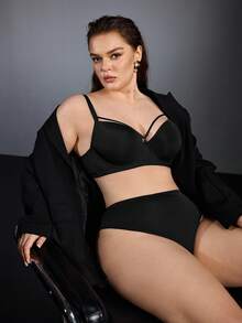 EmpressEnvy Plus Size Women's Soft Cup Gather Comfortable Bra Set, Casual Daily Commute Underwear Set - Black - View 6