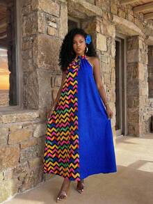 VaVaBold Women's Color Block Halter Neck Casual Vacation Dress, Suitable For Summer - Multicolor - View 4
