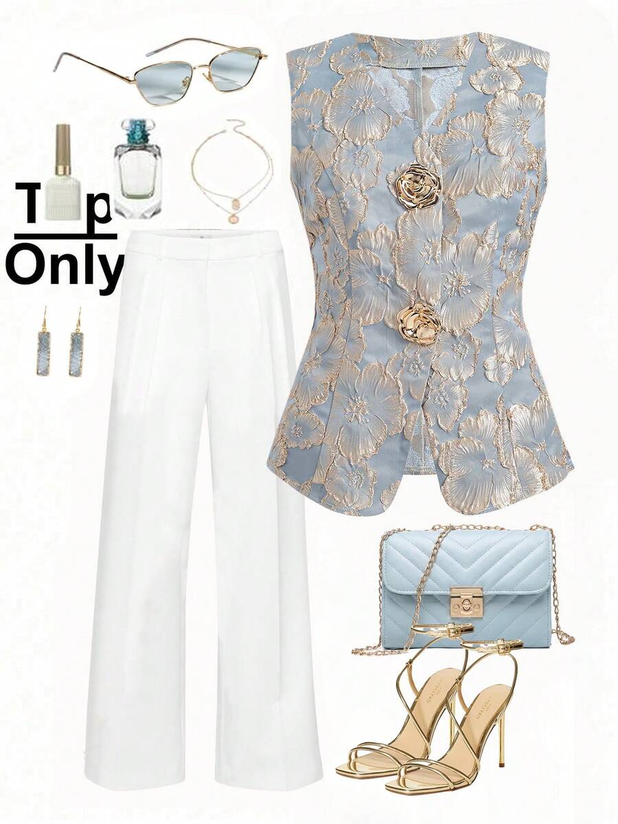 Ellevyn Women's Sleeveless Metal Rose Button Shirt,French Style Elegant Light Blue Summer Top,Holiday Dinner Casual Commuter Vibe,Formal Party Wedding Outfit - Green - View 1