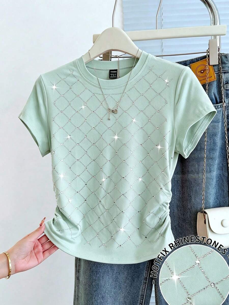 Resyla Women's Rhinestone Embellished Square Neck Short Sleeve Ruched Fitted T-Shirt - Pink - View 1