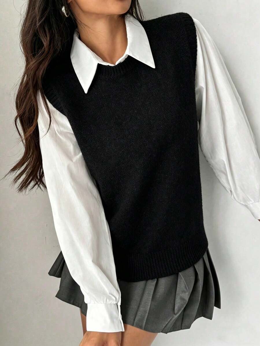 SHEIN PariChic Áo len dệt kim cổ tròn rộng rãi màu trơn cho nữ mùa thu đông - màu đen - Xem 1