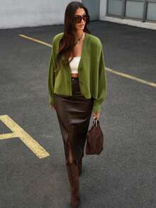 Pariaura Women Button Front Cozy Soft Touch Yarn Long Sleeve Palm Color Cardigan - Olive Green - View 3