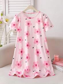 Tween Girl Cute Floral Print Loose Short Sleeve Nightgown - Pink - View 1