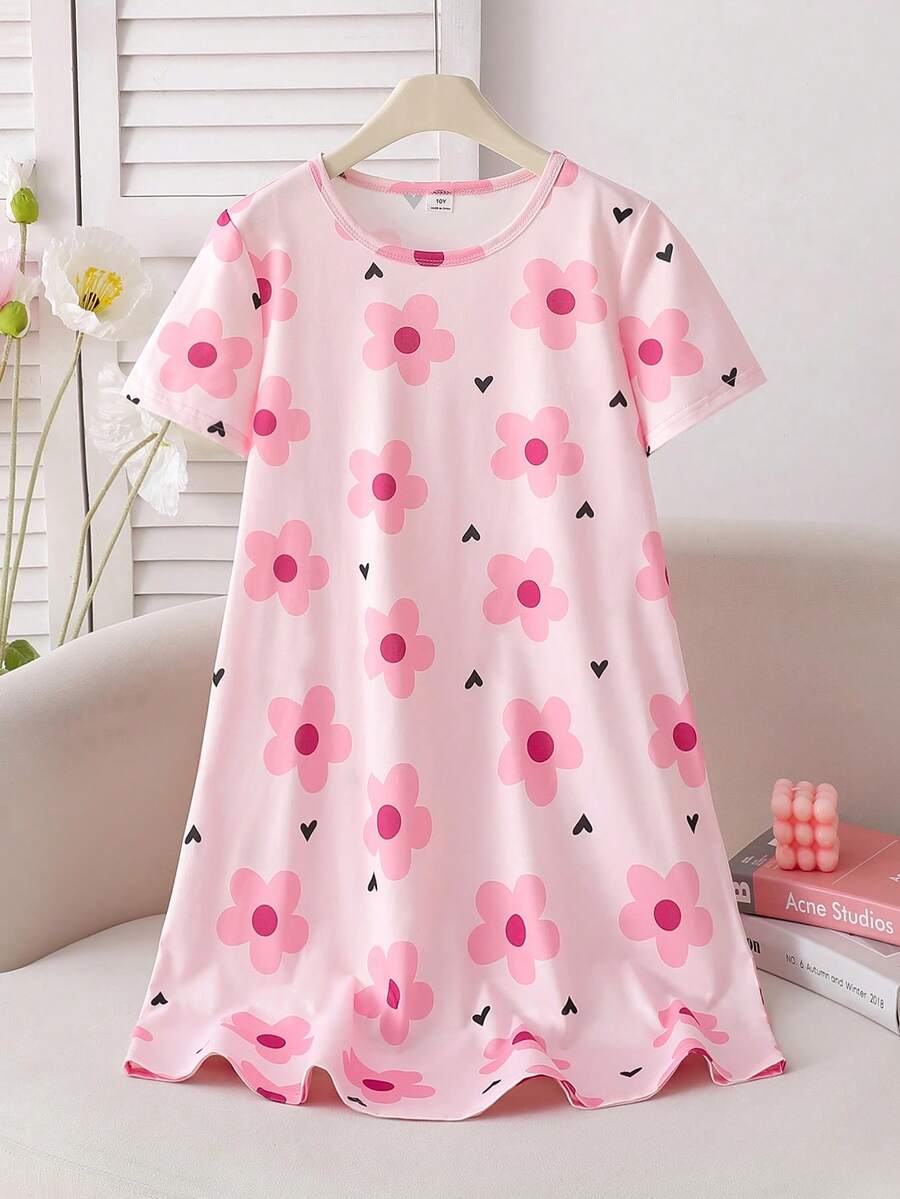 Tween Girl Cute Floral Print Loose Short Sleeve Nightgown - Pink - View 1