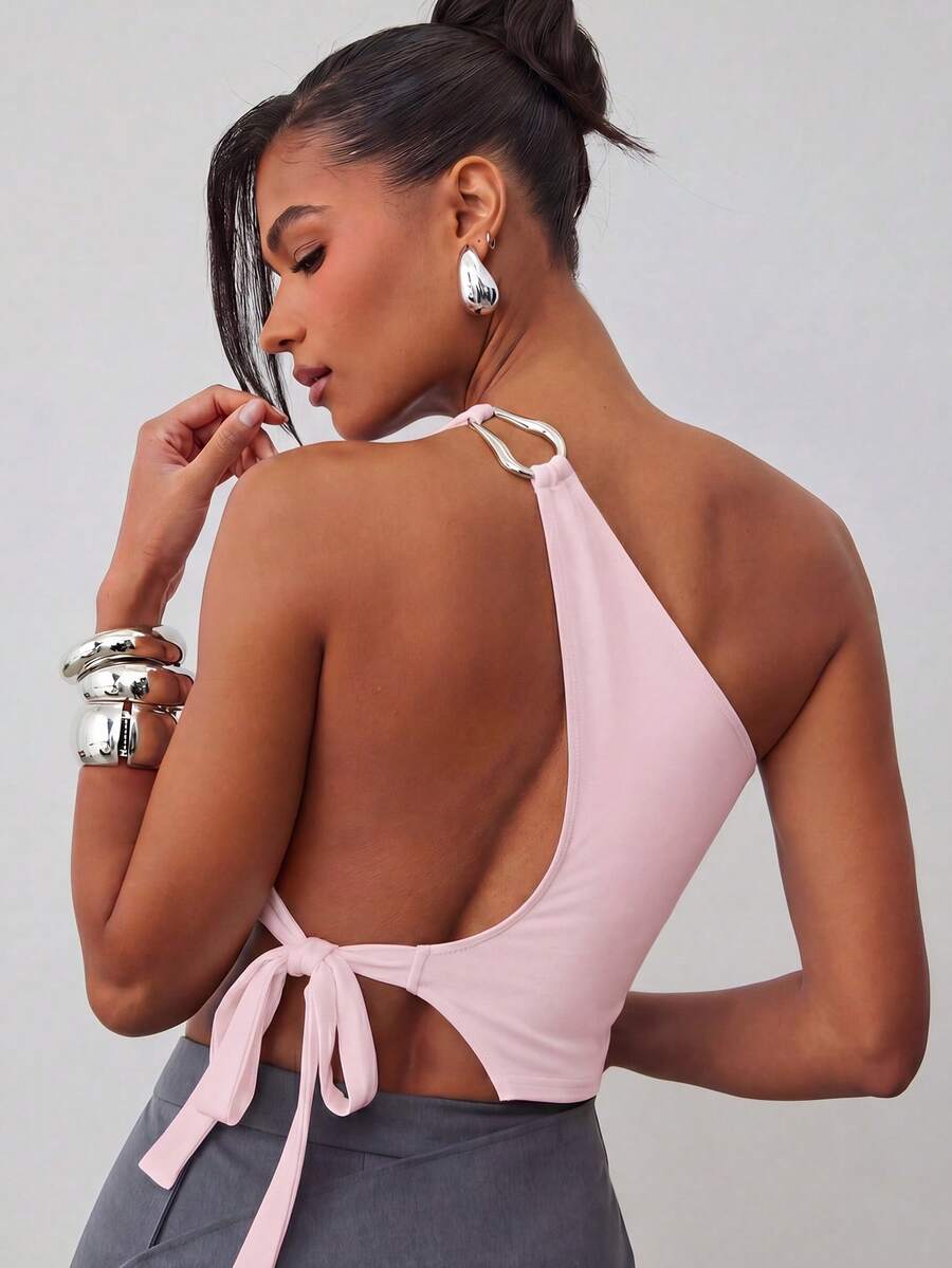 Hauture Top con diseño asimétrico y espalda descubierta con lazo - Rosa Pálido - Ver 1