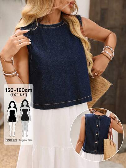 SHEIN PETITE Women's Casual Crew Neck Sleeveless Denim Tank Top