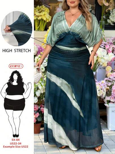 SHEIN CURVE+ Đầm xòe dáng suông cổ chữ V xếp ly, eo chun, nhuộm tie-dye thanh lịch dành cho nữ cỡ lớn, trang phục thường ngày thoải mái cho mùa xuân/thu, đầm dự tiệc cưới.