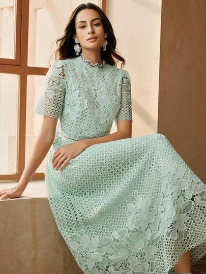 Anewsta Đầm dài nữ thanh lịch, màu trơn, ren rỗng, đính hoa, tay ngắn, vạt trước ngắn vạt sau dài, chất liệu cao cấp, tôn dáng.