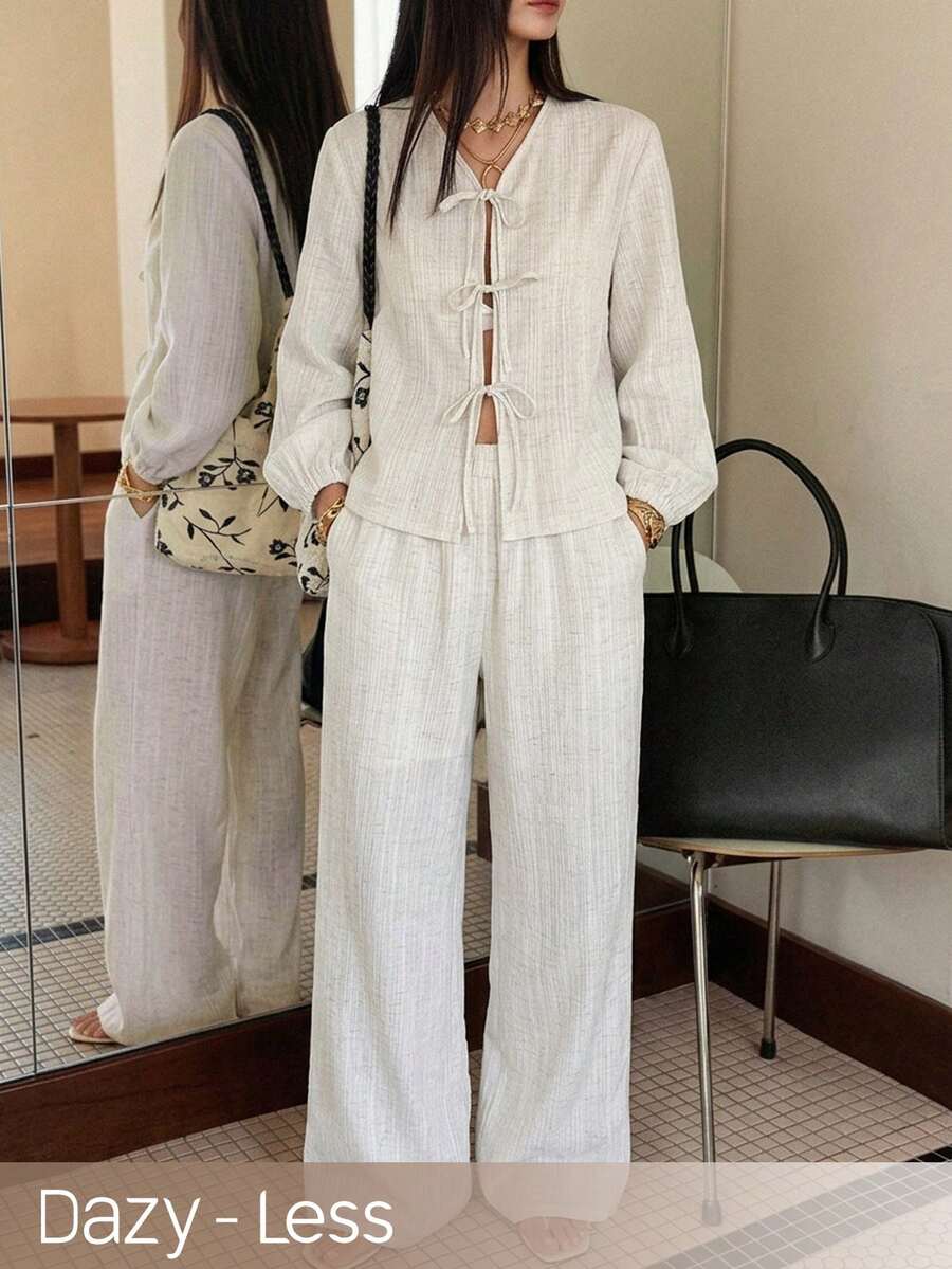Dazy-Less 2pcs Women Solid Color V-Neck Twist Front Long Sleeve Top And Pants Set Lounge Sets For Women - Khaki - View 1
