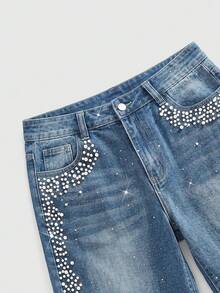 ROMWE MEN Pantalones cortos vaqueros casuales para hombres con bolsillos y decoración de diamante de imitación, estilo retro - Lavado ligero - Ver 3