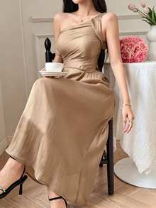 DAZY 女士优雅纯色不对称肩部褶皱无袖中长连衣裙，夏季女士连衣裙 - 卡其色 - 查看 5