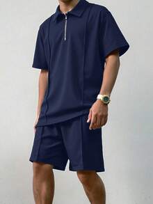 SHEIN 青少年男童宽松休闲翻领针织纯色短袖polo衫和短裤两件套，适合春夏穿着，日常穿着，运动，郊游，上学，聚会，节日，拍照等场合。 - 藏蓝色 - 查看 4