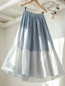 SHEIN Franclia 女士夏季高腰弹力腰撞色条纹A字裙，蓝白条纹，休闲宽松优雅通勤风 - 彩色 - 查看 2
