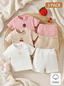 SHEIN Newborn Unisex Baby Apparel Pure Cotton Clothing 3 PiecesBundle Pink Summer Casual Cute Family Matching Textured Fruit Embroidery Infant Clothes Ootd - Multicolor - View 3