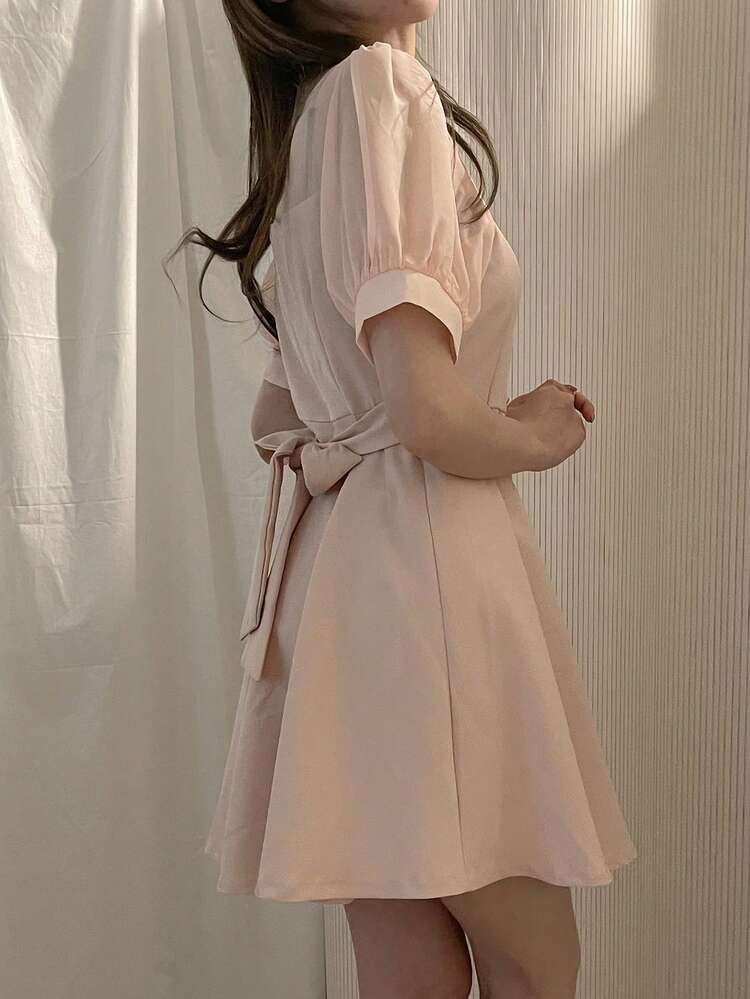Women's Solid Color Minimalist V-Neck Short Sleeve Mini Dress, Casual Everyday Wear