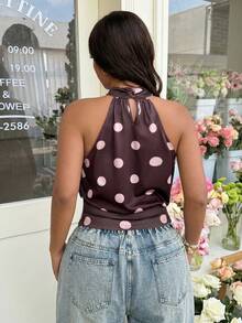 GalTyme Áo quây cổ yếm in chấm bi dáng rộng dành cho nữ cỡ lớn, thích hợp mặc mùa hè. - màu nâu - Xem 2